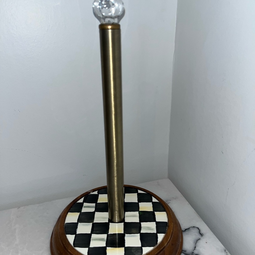 Authentic Mackenzie-Childs Wood Paper Towel Holder Black-and-White Courtly Check